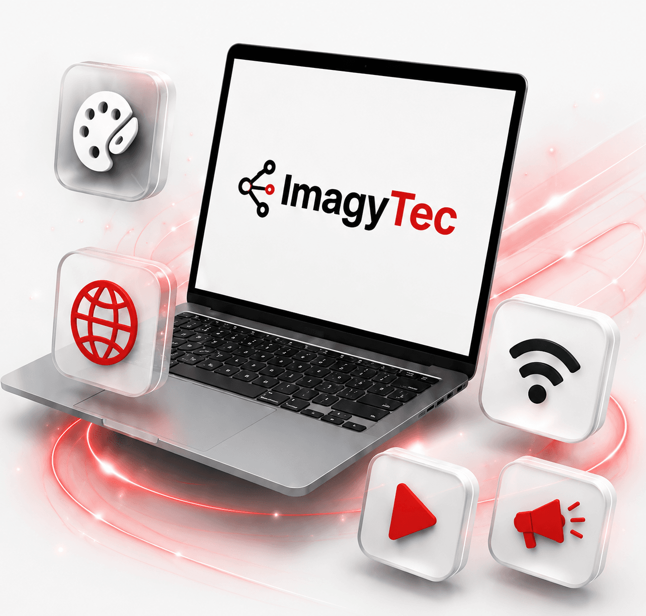 Laptop mostrando el logo oficial de ImagyTec con iconos flotantes de servicios: diseño gráfico, páginas web, telecomunicaciones y edición de video